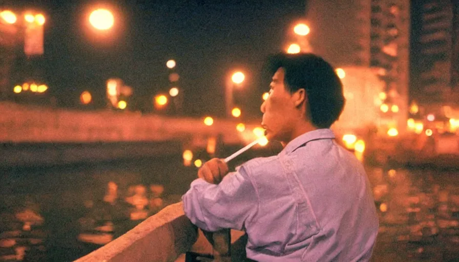 Image similar to 80s asian neon movie still with a man smoking cigarette by the river at night with lights city lights behind his back. Fallen angels still. hyperrealistic, high definition, medium format photography, highly detailed, tehnicolor