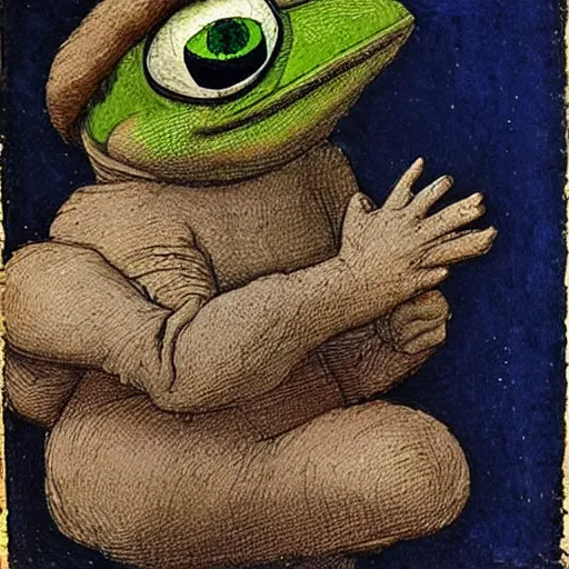 Prompt: pepe the frog, by leonardo da vinci