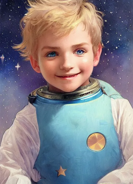 Image similar to a cute little boy with a mischievous face, blue eyes, and tousled blonde hair smiles as he floats in space with stars all around him. he is wearing a turquoise outfit. beautiful painting by artgerm and greg rutkowski and alphonse mucha