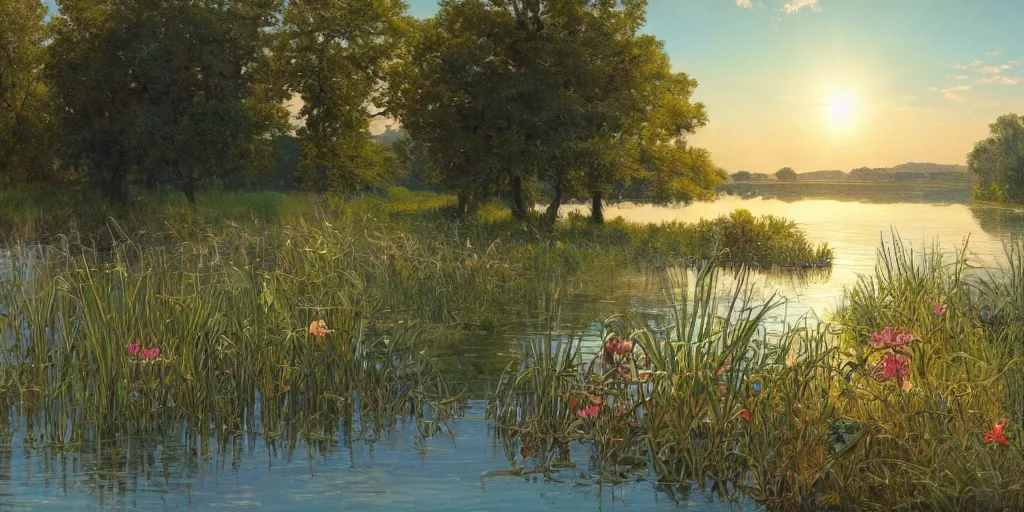 Prompt: a beautiful lake landscape in summer, romantic ambiente, no people, reed on riverbank, no mountains, clear sky, sunshine, colorful, by Mohrbacher and Moebius and Alphonse Mucha and Roger Deakins, cinematic lighting, masterpiece, highly detailed, 8k resolution, trending on art station