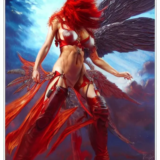 Image similar to red haired female paladin with wings, fiery justice, fine art, 8 k, artstation, by karol bak