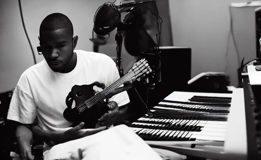 Image similar to frank ocean making music in the studio, greyscale