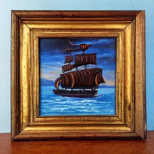 Prompt: oil painting of a pirate ship in a frame, old painted style