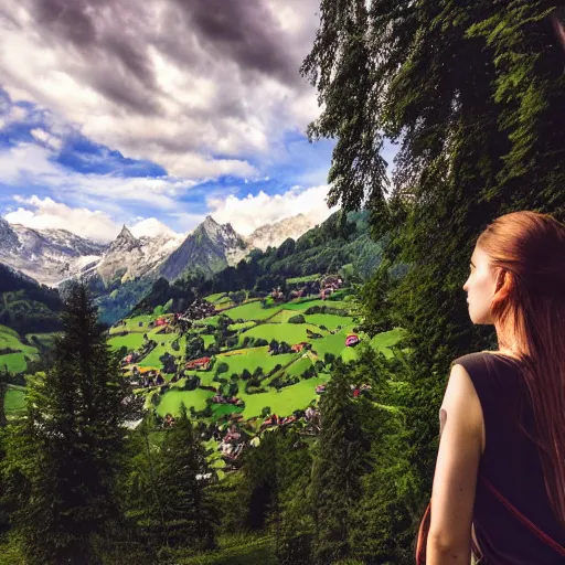 Image similar to a beautiful photograph of a girl with switzerland landscape in the background with trees, hdr, 8 k, high quality, sharp focus, artstation, highly detailed, award - winning, dramatic lighting, beautiful clouds, and nature