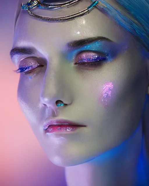 Prompt: natural light, soft focus portrait of a android with soft synthetic pink skin, blue bioluminescent plastics, smooth shiny metal, elaborate diamond ornate head piece, piercings, face tattoo, skin textures, by annie liebovotz, paul lehr,