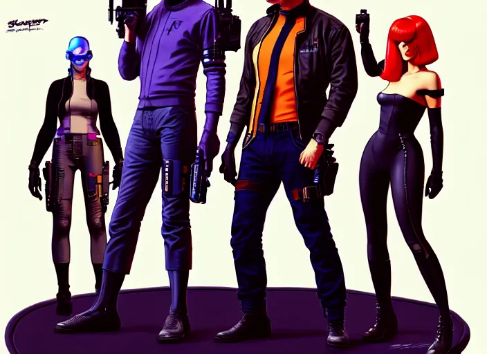 Image similar to cyberpunk spy squad. portrait by stonehouse and mœbius and will eisner and gil elvgren and pixar. character design. realistic proportions. cyberpunk 2 0 7 7 character art, blade runner 2 0 4 9 concept art. cel shading. attractive face. thick lines. the team. diverse characters. artstationhq.