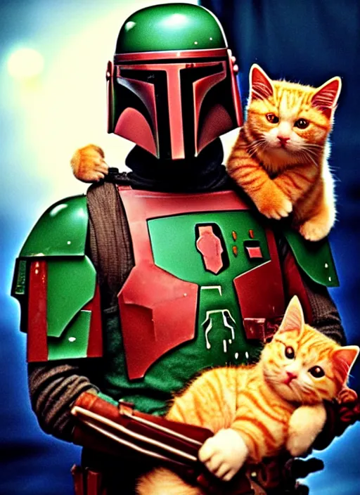 Image similar to boba fett holding a fat ginger cat in his arms, star wars, beautiful glowing lights, sci - fi, stunning, intricate, elegant. highly detailed, film still.