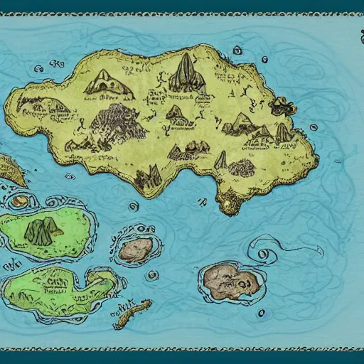Prompt: simple fantasy map, the land of Odrua, several continents arranged in an arc, world of Lute, by JRR Tolkien and Brian Froud, Vatican Map Room, vector art, trending on art station, oceans, continents