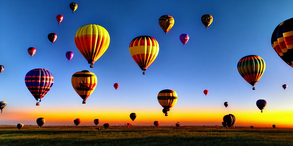 Image similar to hot air balloons, sunset, beautiful landscape, wide angle