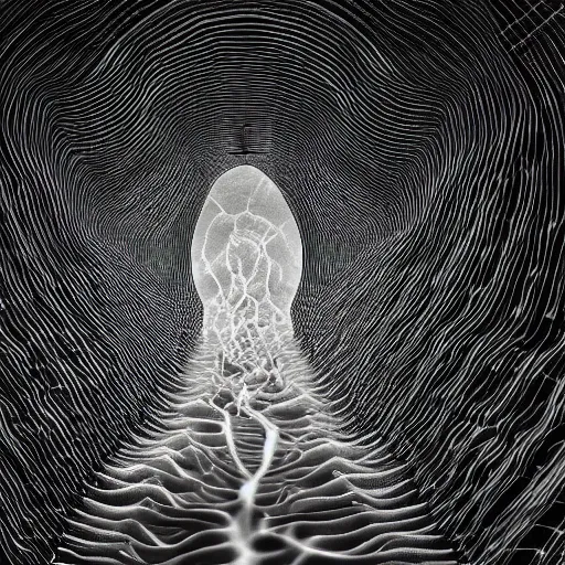 Image similar to clouded origins ( rca umbilical tendrils ), in the style of hiroya oku and riyoko ikeda and stanley kubrick, black and white, photorealistic, epic, super technical, 3 d render