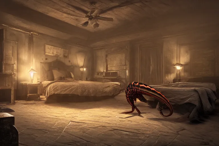 Image similar to a huge scolopendra inside a bedroom, wide angle, photorealistic, cinematic lighting, high detail, cinematic feel, high octane, 4K, Unreal Engine