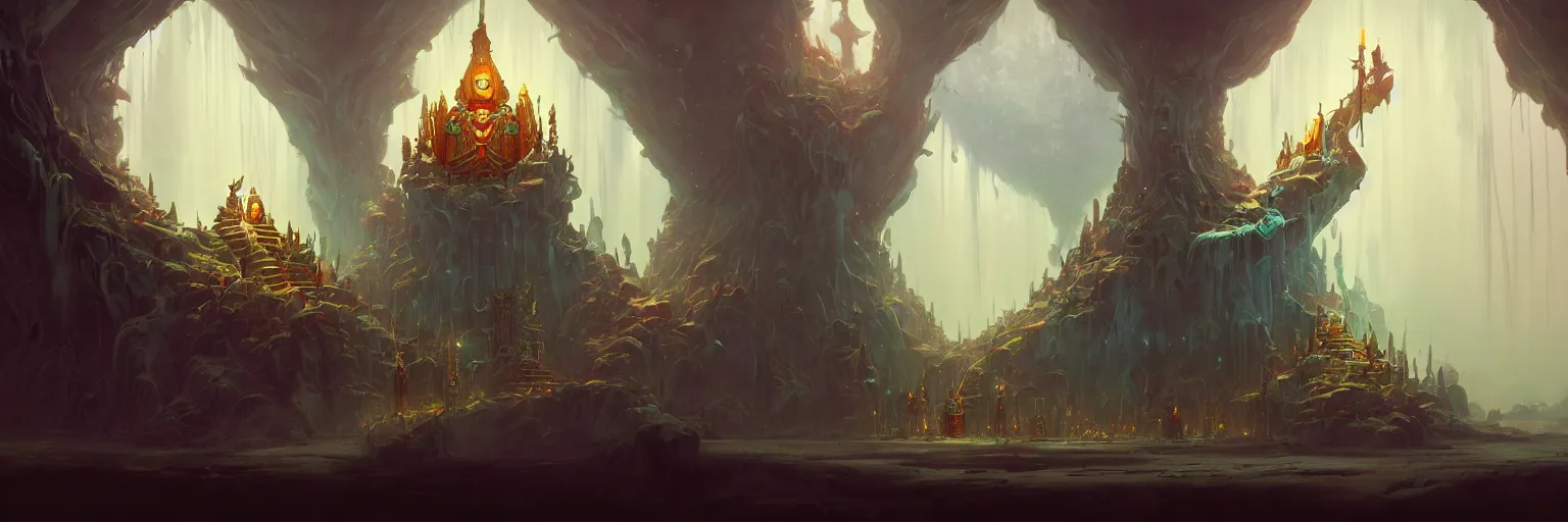 Image similar to Throne Room of the Shaman Owl King, cinematic concept art, matte painting, trending on Artstation, wide angle shot, by Peter Mohrbacher