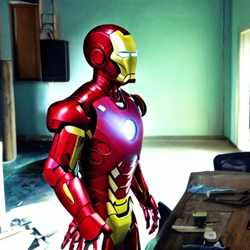 Image similar to iron man having a pr meeting in an abandoned house, studio ghibli, bright colors