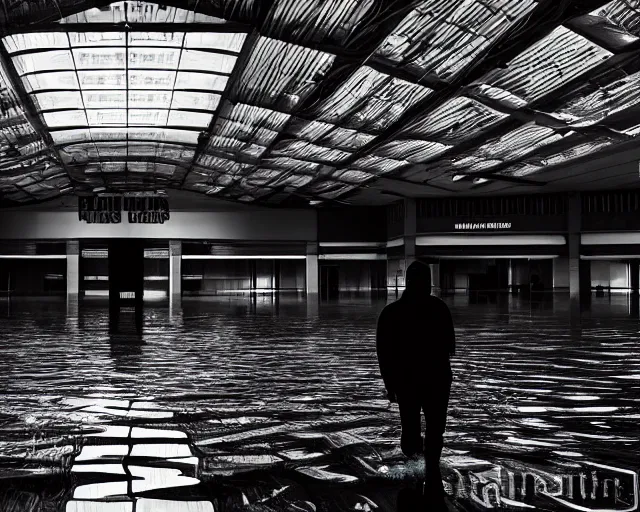 Image similar to A dark figure alone inside an empty dark flooded mall, epic scale, dramatic lighting, majestic and imposing