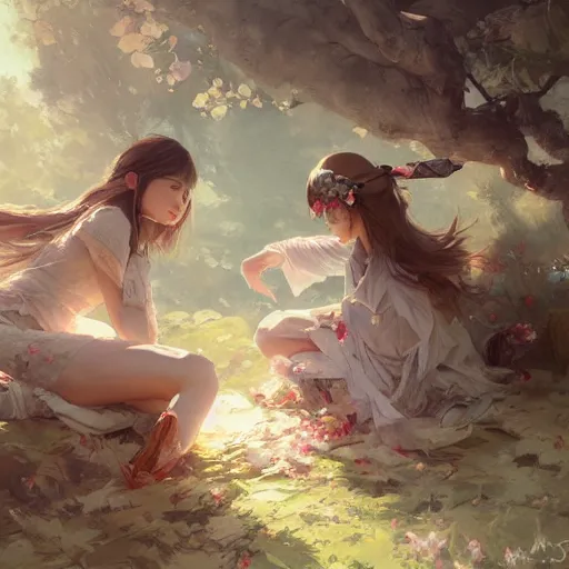 Prompt: awoke to sweet smell of spring, by wlop, artgerm, greg rutkowski