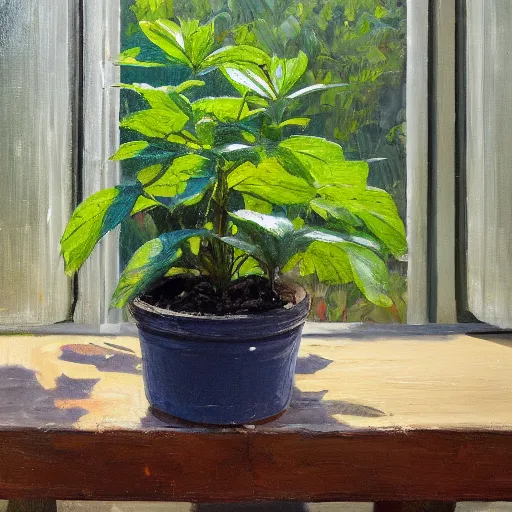 Image similar to leaves grow from a head in a pot, on wooden table in the ray of sunshine in greenhouse, oil painting, sharp focus, high detailed, calm, warm lighting, sparkles, by Rutkowsky,