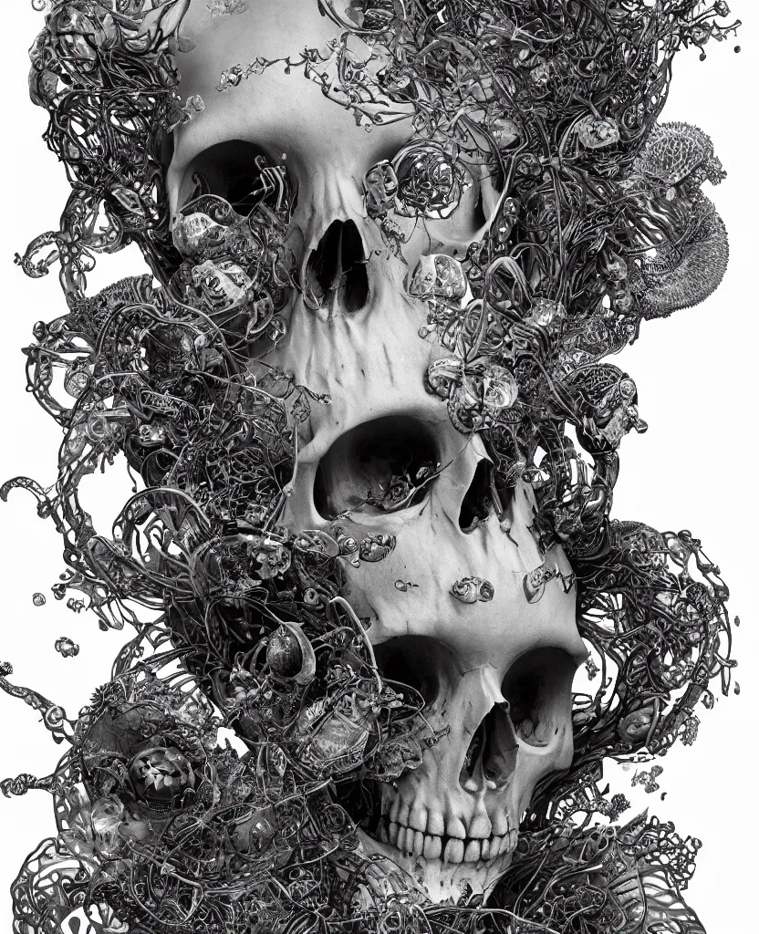 Image similar to close-up portrait goddess skull, thorax, x-ray, backbone, jellyfish phoenix head, nautilus, orchid, skull, betta fish, bioluminiscent creatures, intricate artwork by Tooth Wu and wlop and beeple. octane render, trending on artstation, greg rutkowski very coherent symmetrical artwork. cinematic, black and white, contrast, hyper realism, high detail, octane render, 8k