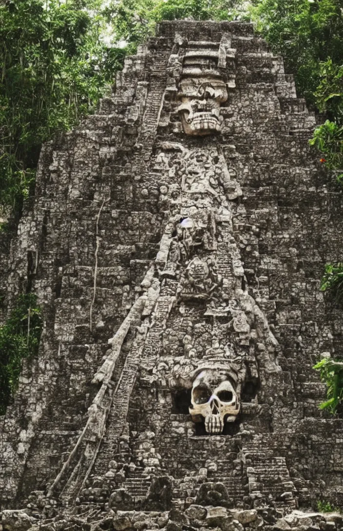 Image similar to mayan temple in form of punisher skull. background jungle