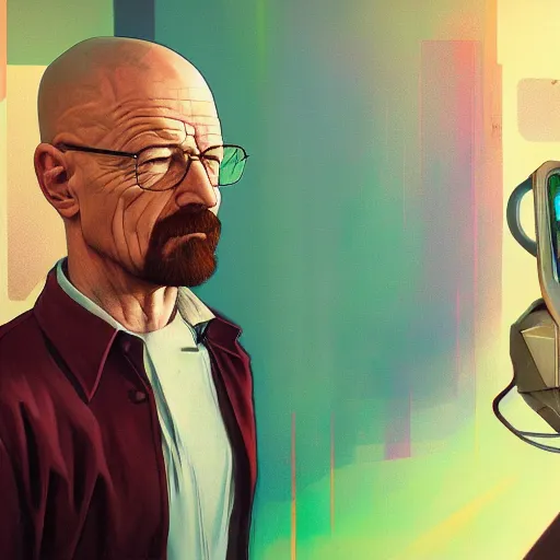 Prompt: high quality illustration, walter white realistic portrait, by etam cru, cyberpunk, alphonse mucha, riot game, beautiful, epic camera, alexandre bourlet, colorful background, arcane, lois van baarle, league of legend, digital painting, james jean, dynamic colors, greg rutkuwsky, artstation, concept art, neon