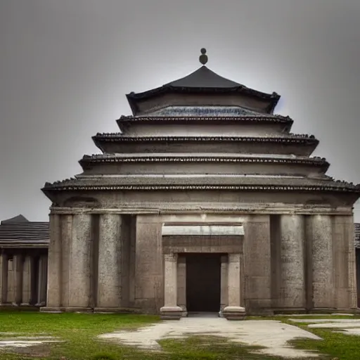 Prompt: Temple of knowledge, foggy entrance, mysterious architecture, clouds at entrance