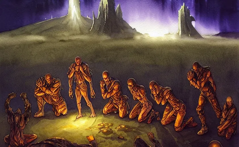 Prompt: a hyperrealist watercolour character concept art portrait of a group of pagan men kneeling down in prayer to a tall elegant lovecraftian alien on a misty night on the moors of ireland. a battlecruiser starship is in the background. by rebecca guay, michael kaluta, charles vess and jean moebius giraud