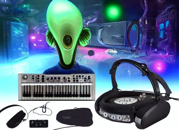 Prompt: strange surrealist detailed alien electronic-musical-instruments!! and acoustic-musical-instruments!! with blinking LEDs, backlit fog, space station lounge setting, photorealistic, studio lighting, 8k, hd