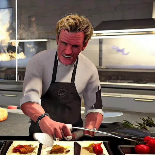 Image similar to GTA 5 photorealistic Gordon Ramsey cooking a unicorn in an intricate kitchen 4k