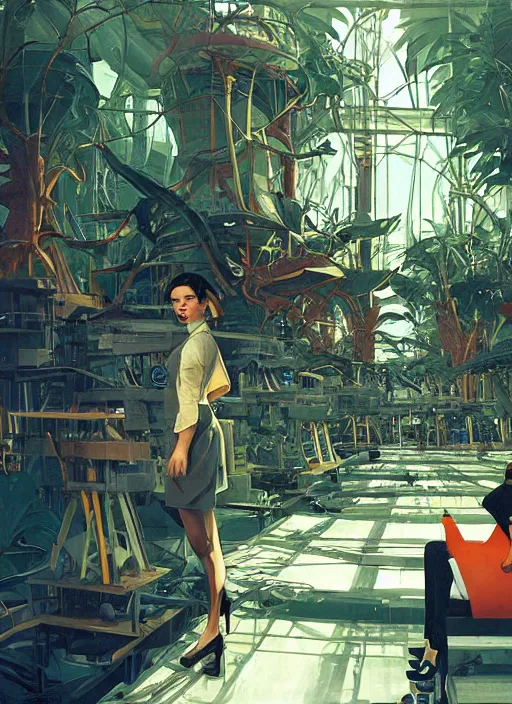 Image similar to gorgeous soviet girl scientist making research at futuristic soviet scientific lab in amazonian jungle tree tops communist agitprop by ross tran, thierry doizon, craig mullins, ilya kuvshinov, artgerm, edward hopper, dan mumford, wlop, rutkovsky, carl spitzweg, moebius, unreal engine 5, lumen, nanite