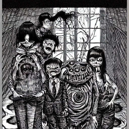 Prompt: monster lurking behind a happy family by junji ito, color, highly detailed, detailed, intricate, scary, horror, eerie, nightmares, dark, dramatic, 8 k