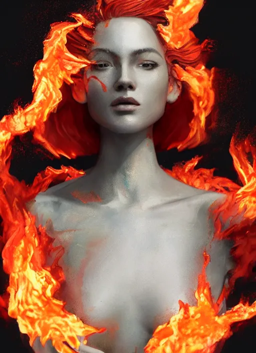 Image similar to sculpture made of flame, portrait, female, future, torch, fire, harper's bazaar, vogue, fashion magazine, intricate, concept art, close up, ornate, luxury, elite, elegant, trending on artstation, by ruan jia, by Kenneth Willardt, by ross tran, by WLOP, by Andrei Riabovitchev,