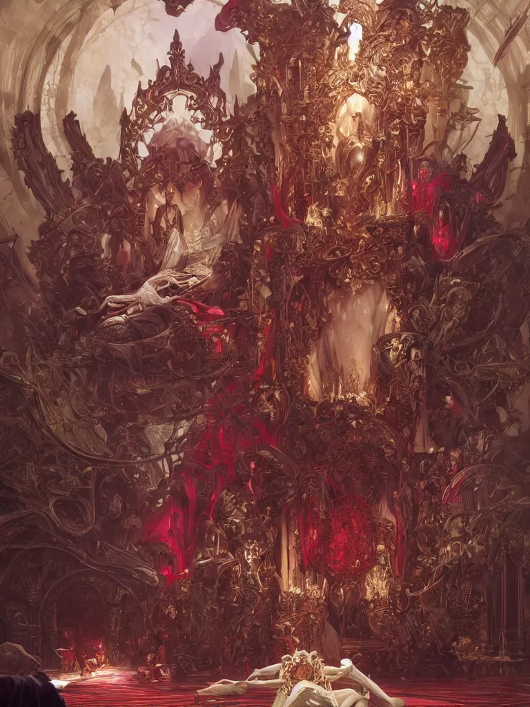 Prompt: a huge ivory throne with illithids kneeling in front of it, red tones, highly coherent, ultra realistic, concept art, eerie, highly detailed, photorealistic, octane render, 8 k, unreal engine. art by artgerm and greg rutkowski and alphonse mucha