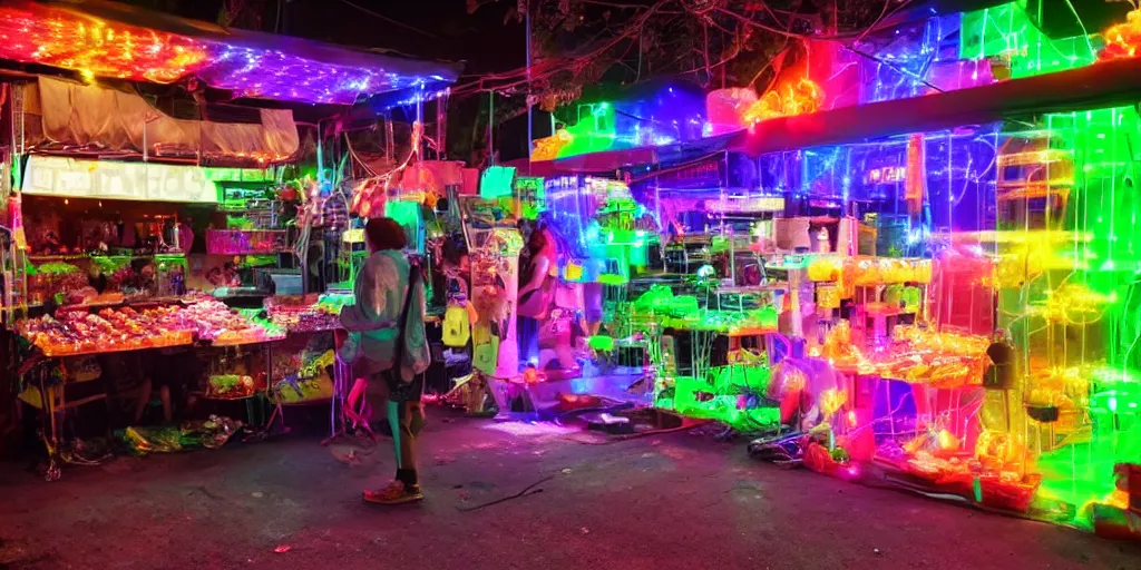 Prompt: edible rgb lights being sold at a road side stand, cyberpunk, high quality, ue 5.