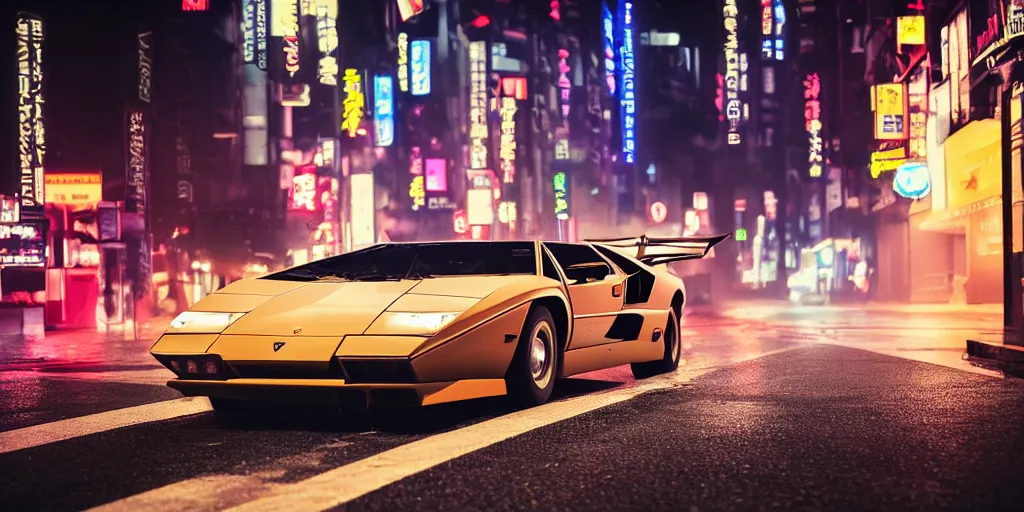 Image similar to photo lamborghini countach parked in a rainy neo tokyo street at night with neon light signs illuminating the scene, sharp focus, highly detailed, ray tracing, cinematic, moody, hdr, 4 k