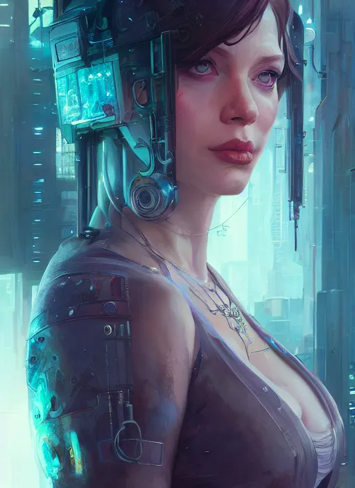 Image similar to highly detailed christina hendricks as a cyberpunk character, stephen bliss, unreal engine, fantasy art by greg rutkowski, loish, rhads, ferdinand knab, makoto shinkai and lois van baarle, ilya kuvshinov, rossdraws, tom bagshaw, global illumination, radiant light, detailed and intricate environment