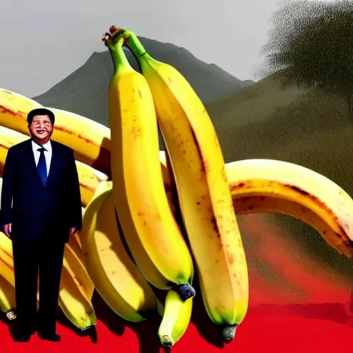 Prompt: Chinese president with bananas in hand in epic stance fighting dragon on flaming mountain, bananas weapon, painting, epic