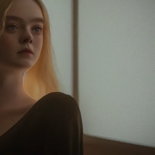 Prompt: silhouette of a Elle Fanning gazing in a mirror, pitch black room, extremely detailed masterpiece, oil on canvas, low-key neon lighting, artstation, Blade Runner 2049, Roger Deakin’s cinematography, by Julia Soboleva,
