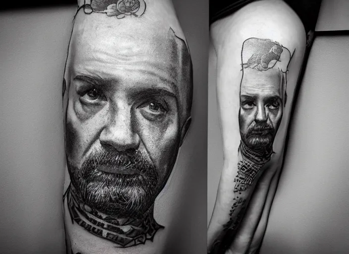 Image similar to photorealistic professional fine details black and white photo portrait of detailed russian prison tattoo, russian criminal tattoo, nakolki, русская тюремная татуировка, sergei vasiliev