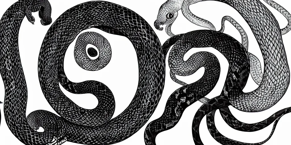 Image similar to realistic scene of snakes as ying yang, white and black, 1 4 5 0, ink, ultra realistic, 8 k