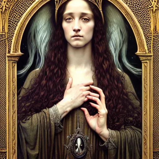 Image similar to detailed realistic beautiful young medieval queen face portrait by jean delville, tom bagshaw, brooke shaden, gustave dore and marco mazzoni, art nouveau, symbolist, visionary, gothic, pre - raphaelite, ornate gilded medieval icon, surreality, ethereal, unearthly, haunting, celestial, neo - gothic, ghostly, memento mori, nightmare