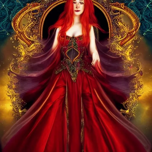 Prompt: Fantastic, fairytale, portrait, painting, beautiful!, female mage, long flowing red hair, light emitting from fingertips, ornate gown, royalty kingdom, royal court
