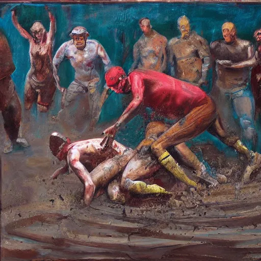 Image similar to 3 drunks fall over mud - wrestling,, where's wally, oil painted ( ( by francis bacon ) )