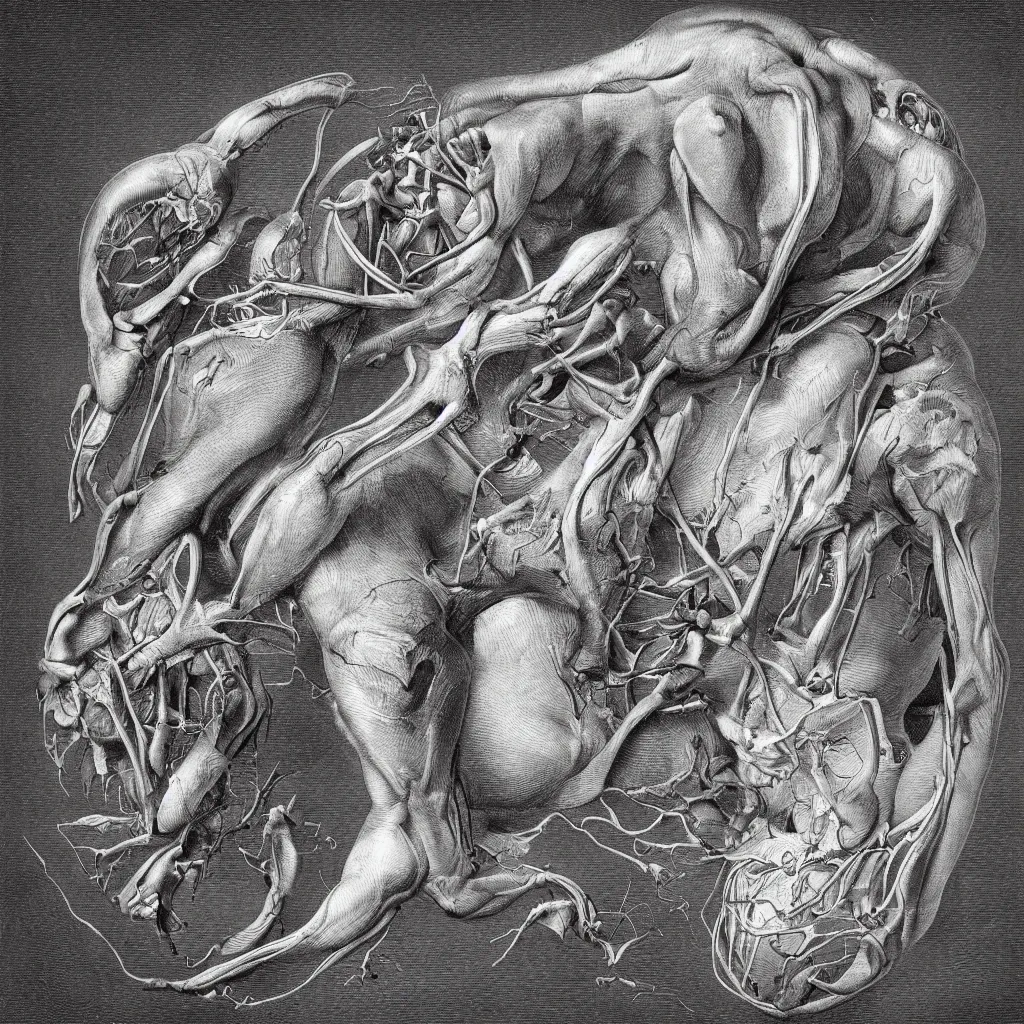 Image similar to anatomical engraving of an unknown specie, anatomical study of animal hybrids from another universe