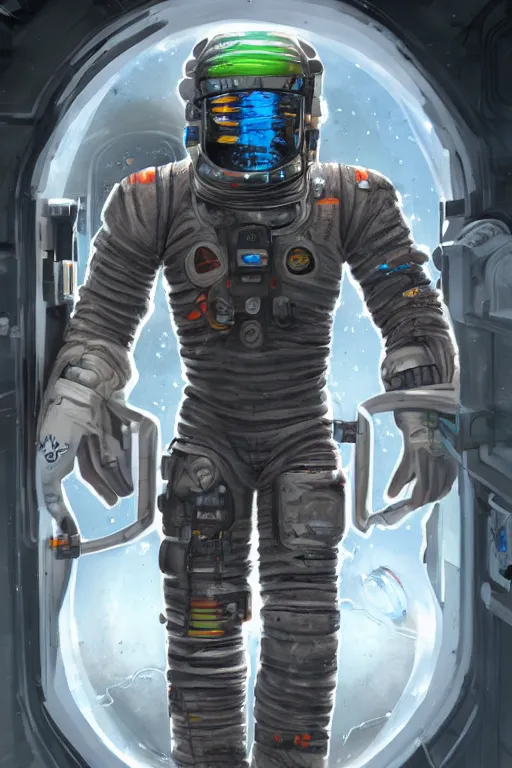 Prompt: Dead Space themed Astronaut stepping out of an airlock, Industrial Scifi, detailed illustration, concept art, by Martin Grip