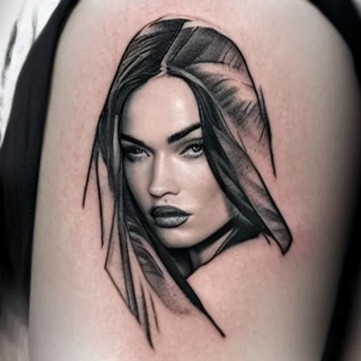 Image similar to megan fox face in the shape of beautiful mountains, double exposure effect, medium sized tattoo sketch, amazing detail, on pinterest