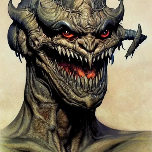 Image similar to photoreal portrait of an armoured demonic man, by boris vallejo and norman rockwell, artstation, horror, concept creature character art