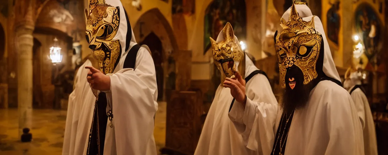 Image similar to orthodox priest wearing cute caracal masks, in orthodox church, orthodox icons, volumetric lighting, twilight, dramatic, noir, blur, bokeh, cinematic, shallow depth of field, 8 0 mm, f 1. 8