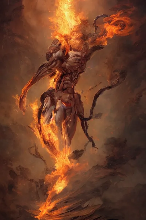 Prompt: asian titan from shingeki no kyojin surounded by fire and smoke and fractal, orange thunder, glowing, 3 d render, muscular, veiny, bones, scary, creepy, hyper realistic detailed, ruan jia, wlop, fantasy, anatomy, concept art, by peter mohrbacher, by alphonse mucha, by wlop, by ru