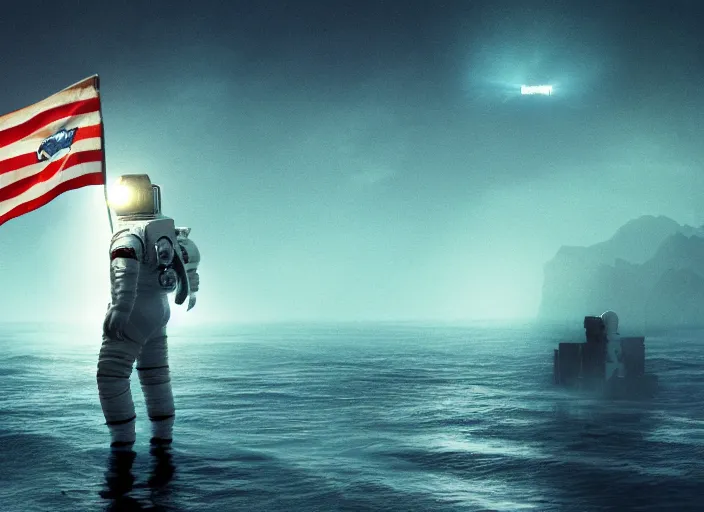 Image similar to astronaut holding a flag in an underwater desert. a submarine is visible in the distance. dark, concept art, cinematic, dramatic, atmospheric, 8 k, trending on artstation, blue, fish, low visibility, fog, ocean floor, christopher nolan, interstellar