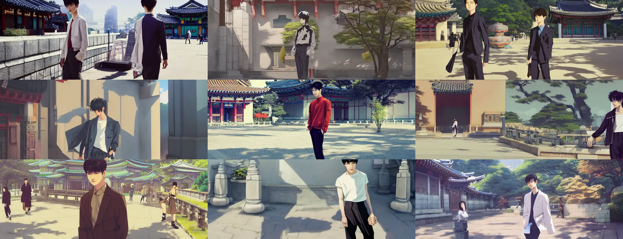 Prompt: a trendy korean male model at a temple on a nice sunny afternoon, strong shadows, overexposed sunlight, a screenshot by krenz cushart, pixiv contest winner, action painting, 2d game art, official art, award-winning, art by Studio Ghibli, by Chris Moore, high details