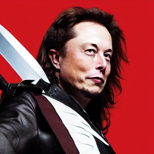 Prompt: photo of elon musk as a musketeer, he has a big black hat with a red feather, he is holding a shiny rapier sword and he is looking straight to the camera, brown background, studio lighting, 4 k, 8 k